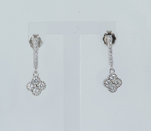 Sterling Silver/CZ Four Leaf Clover Drop Earrings